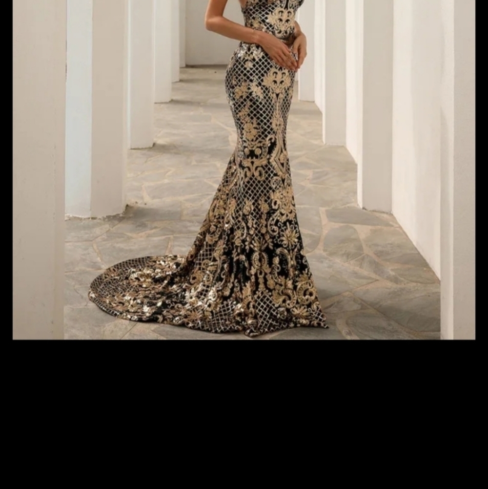 Black and Gold Spaghetti Strap,  Sleeveless, Strappy, Sequined, and Mesh Gown - Picture 5 of 9